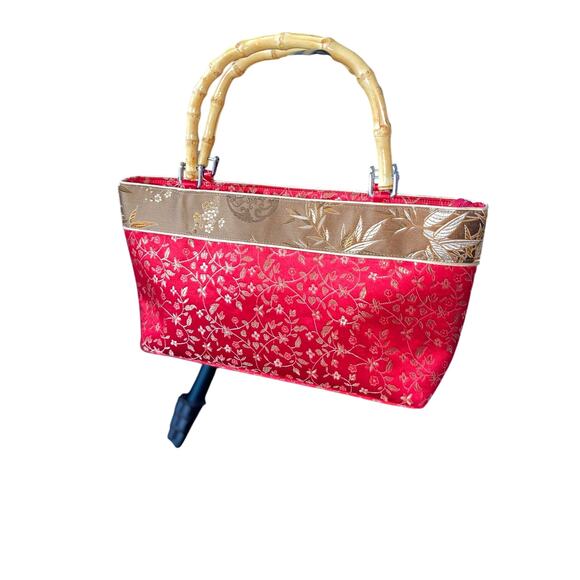 Women Fashion Red Bamboo Floral Handle Bag Purse Vintage Embroidered Silk Style - Picture 2 of 5